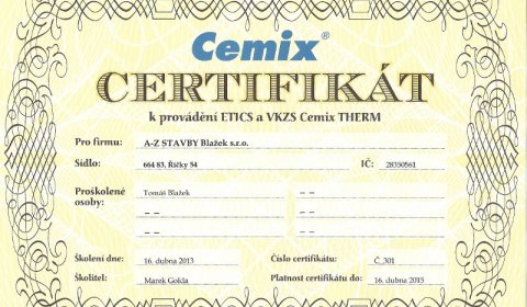 Certifikát k provádětí ETICS a VKZS Cemix THERM